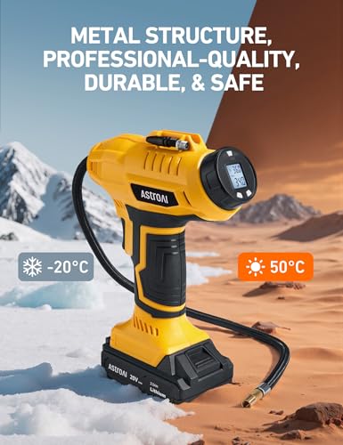 Image of AstroAI Cordless Tire Inflator Air Compressor 20V Rechargeable Battery Powered 160PSI Portable Air Pump with 12V Car Power Adapter Digital Pressure Gauge for Cars Motorcycles JY16P160-18（C2）Yellow