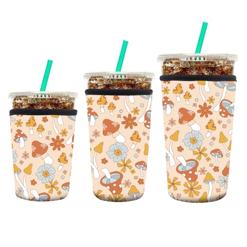 Image of 3 Pack Reusable Neoprene Insulator Sleeve for Iced Coffee Cups, Funny Coffee Cup Sleeves for 16-32oz Coffee cups, Cute Drink Sleeve for Cold Hot Beverages Boho Mushroom