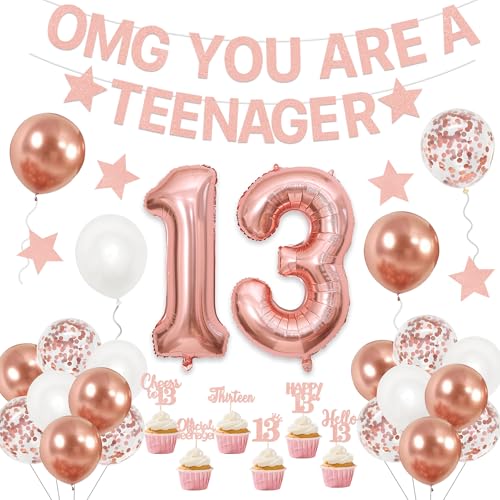 Holkcog 13th Birthday Decoration for Girls Boys, Rose Gold Official Teenager 13th Birthday Party Banner, Rose Gold 13 Number Ballons,Cupcake Topper, Thirteen Party Sign Photo, Gril i’m 13