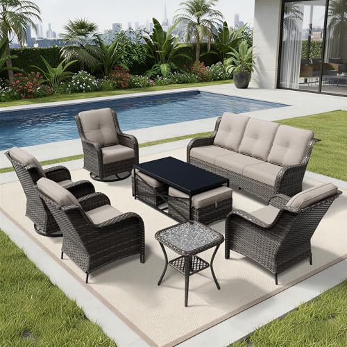Image of Joyside 9 Piece Wicker Patio Furniture Set, Outdoor Swivel Rocker Patio Chairs with High Back, Deep Seating, Wide Armrest, Thickened Cushions, Outdoor Furniture for Deck, Porch Use