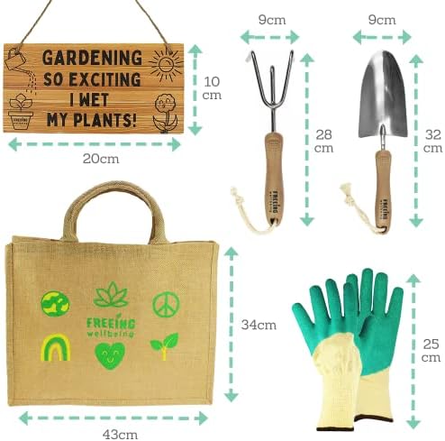 Garden Gifts Tools Set - Includes Stainless Steel Trowel & Cultivator Hand Tools, Gloves, Gardeners Soap, Funny Sign, Seed Bomb Balls & Storage Tote Bag - FREEING WELLBEING
