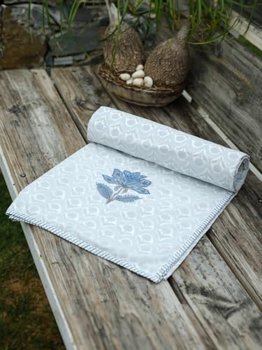 Image of Florazul Queen Bed Size A /c Comforter | Muslin Dohar - 100% Cotton | 200TC | 3-Layer Lightweight Reversible Blanket | Hand Block Floral Print | Soft, Breathable, Quilt for Home & Bedroom (Blue)