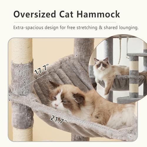 Image of Heybly 64.2 inch Heavy-Duty Cat Tree for Large Cats with Wide Base HCT027W | Indoor Cat Tower with Scratching Posts & Board, Cat Furniture with Big Platforms, Extra-Large Hammock, Light Gray
