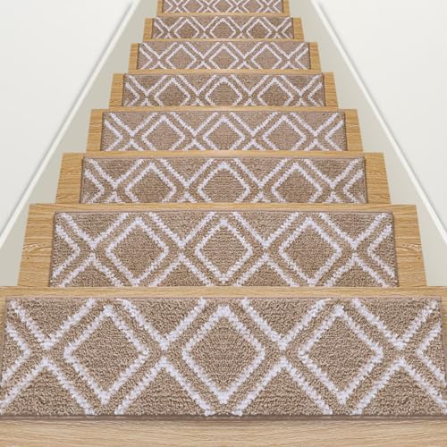 RIOLAND Non-Slip Carpet Stair Treads Indoor 15PCS Stair Runners for Wooden Steps Edging Stair Treads for Kids Elders and Dogs, 8\" X 30\", Beige