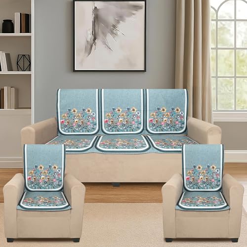 Image of Velvet Single Seater Sofa Cover with 2 Seat and Back Covers - Floral Design - Washable Fabric - Stylish Sofa Cover for Modern Living Room (Green, 1 Seater Without Arm Cover)