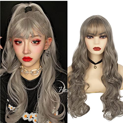 Swiking Grey Long Curly Wave Wigs for Women with Flat Bangs Natural Looking Synthetic Heat Resistant Hair for Daily Party Halloween Cosplay Replacement Wig