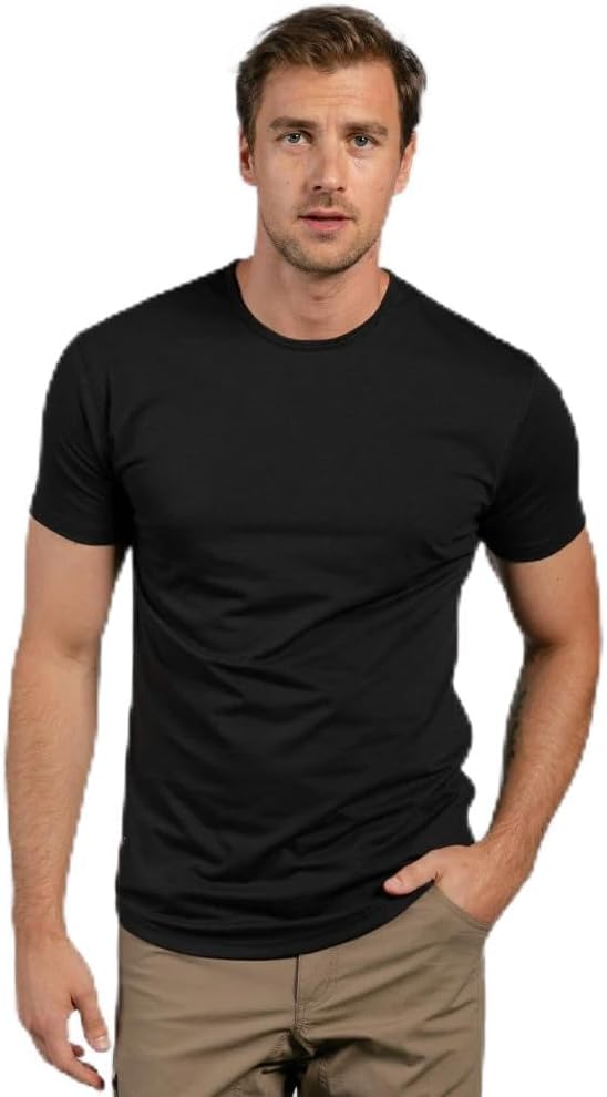 BYLT Mens Drop-Cut Men's T Shirt – Plain Tshirts for Men, Drop Cut Basic Crewneck Tee – Soft Polyester, Cotton, and Spandex Blend – Moisture Wicking, Wrinkle Resistant, Stretch Fit –, Black, S