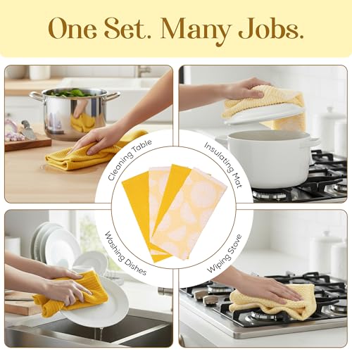 Image of Kitchen Towels Set of 4 Premium Hand Towels 18 x 28 Inch Large Tea Towels for Drying & Decor - Soft, Absorbent Cotton Yellow Ribbed and Lemon Citrus Weave Cute Hand Towels - Housewarming Gift