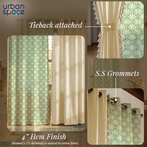 Image of Urban Space Printed 100% Cotton Curtains for Long Door, Combo Set of 3 Curtains 8 Feet, Tieback & Eyelets Included with Curtains for Home Decor (Amaya sage Green and Aura Beige, 8 Feet)