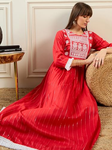 Image of INDO ERA Women's Red Viscose Rayon Embroidered Midi A-Line Ethnic Dress (SHTUR7147)