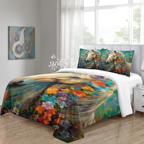 Housse de couette fleurs et chevaux 3-pièces imprimé animal parure lit microfibre 200x200 - 6