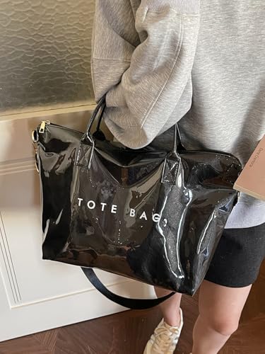 Image of PVC Tote Bag Gifts for Women Large Tote Purse Kraft Paper Letter Print Hobo Handbags for Work Beach Shopping Travel