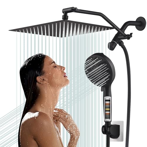 Cabezal de Ducha Metálico 12'' con Manguera 71'' Negro Mate