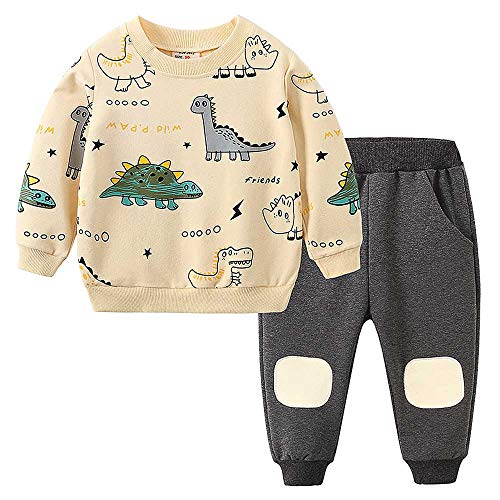 Baby Boys Clothes Sets Dinosaur Hoodie Tops Pant Sets Long Sleeve Infant Toddler Boy Sweatsuit Tracksuits Outfit (Apricot, 1-2T)