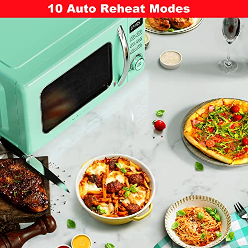 Image of Galanz GLCMKZ11GNR10 Retro Countertop Microwave Oven with Auto Cook & Reheat, Defrost, Quick Start Functions, Easy Clean with Glass Turntable, Pull Handle, 1.1 cu ft, Green