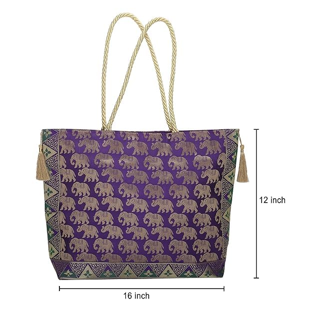 Image of Hand Purse | Traditional Hand Purse | Silk Wallet Hand Bag | Shagun HandPurse | Gifts HandBag | Golden Handle Tote Handbag | Brocade Shoulder Bag | 16 INCH