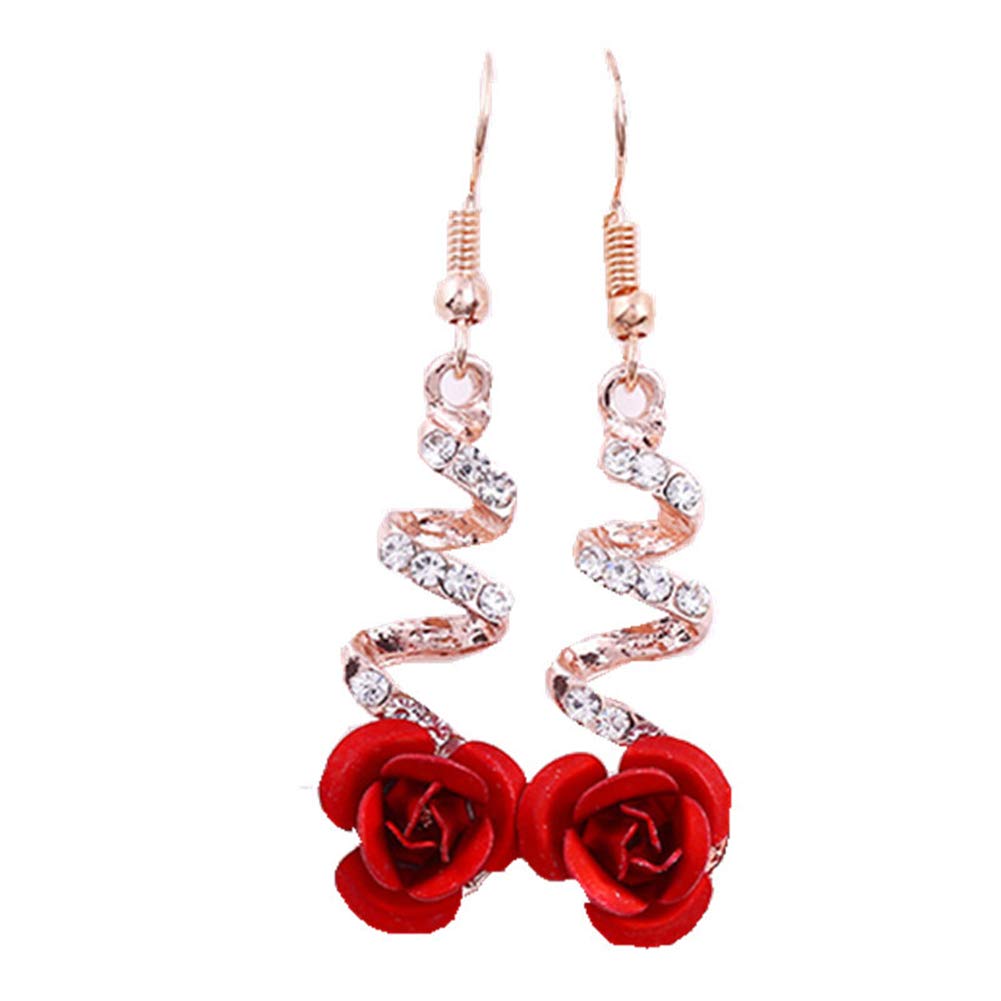 YUNXI Fashion Jewelry Ethnic Red Rose Drop Earrings Big Rhinestone Earrings Vintage For Women Rose Gold Spiral Dangle Earring