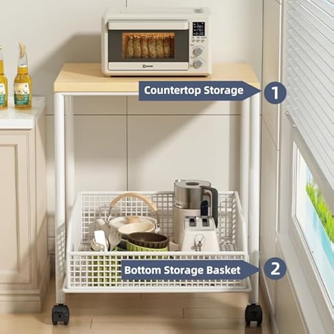 Kitchen Microwave Cart with Storage Basket,Small Microwave Stand for Kitchen, Office,Bedroom & Living Room, Freestanding Shelf with No Wheels,Easy Assembly,Espresso White Small-7PRVprXz