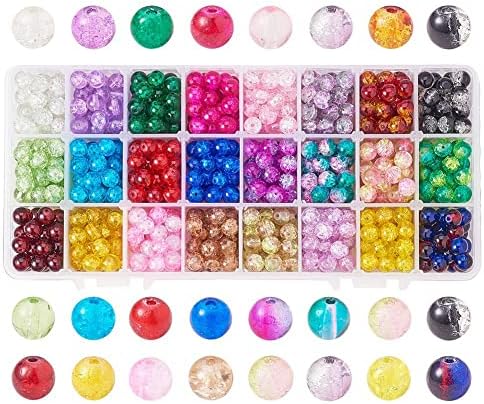 PH PandaHall 600pcs 8mm Crackle Glass Beads 24 Color Crystal Glass Beads Round Loose Beads for Summer Beading Fishing Friendship Bracelet Mother's Day Jewelry Making Christmas Tree Ornament