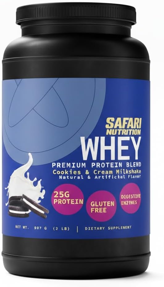 Safari Nu 100% Whey Premium Protein Powder, Cookies and Cream - 2 LB Tub, 25G of Protein - Concentrate & Isolate Whey Protein Blend - 12g BCAAs
