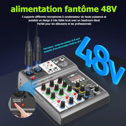 Aveek 4-channel Audio Mixer, Mixing Sound Board with USB Bluetooth Reverb Delay Effect, 48 V input, phantom power Stereo DJ Mixer for recording, live streaming – vue 5