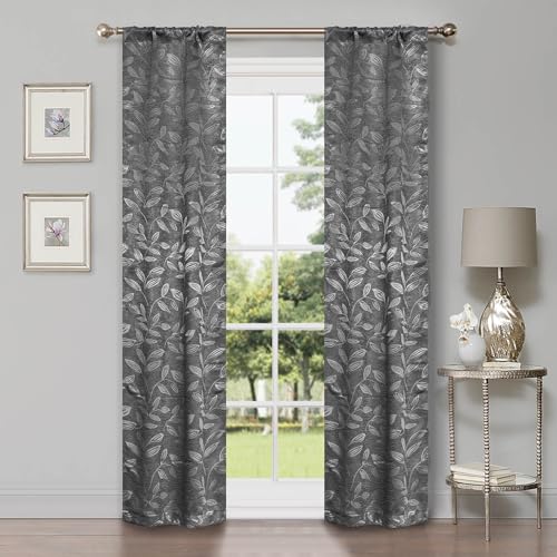 SUPERIOR Blackout Curtains, Room Darkening, Bedroom, Drapes, Kitchen, Living Room Window Accents, Sun Blocking, Thermal, 2 Pack, Leaves Blackout Curtains, Set of 2, 36" x 63", Nickel Black