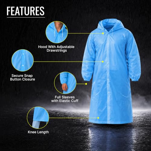 Image of Robustt EVA Reusable Raincoat with Hood (Sky Blue) - Pack of 1 | Elasticated Full Sleeves Outdoor Waterproof Raincoat for Men & Women | Rainwear | Button Closure | Knee Length | Universal Fit