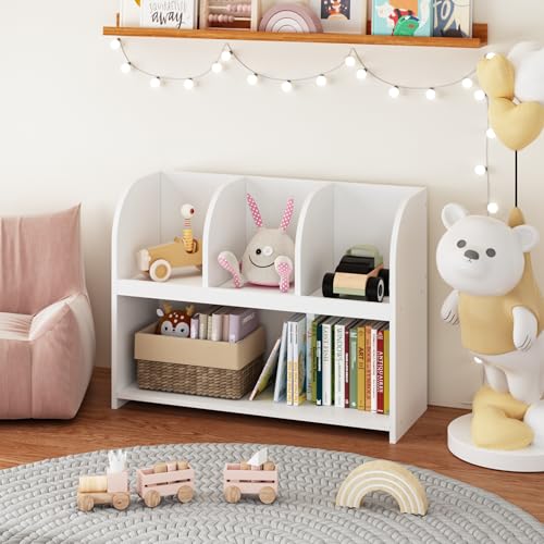 aphrophina Space-Saving Kids Bookcase with 4 Compartments for Organized Storage, White MDF Shelving Unit for Books and Toys