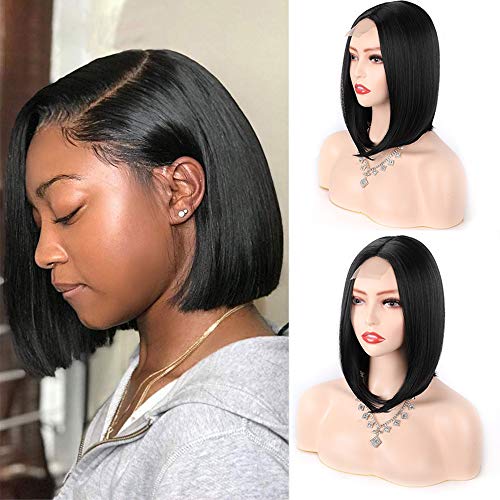 Womens Black Short Bob Wig Lace Front Middle Part Short Straight Bob Wig Natural Black Synthetic High Temperature Resistant Fiber Bob Wig for Daily Use Hair Wig
