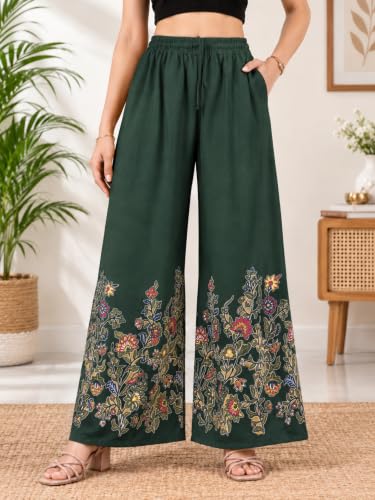 Image of Women's Rayon Bird Flower Print Loose fit Palazzos Pants Free Size 28 to 40