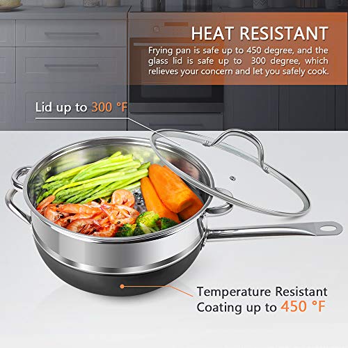 Shineuri 12 Inch Nonstick Copper Wok And Stir Fry Pan With Lid, Copper Nonstick Wok With Lid, Copper Fry Wok Copper Pan Copper Skillet, Induction Compatible - 12 Inch Wok Pan With Lid & Steamer Basket #TOP2