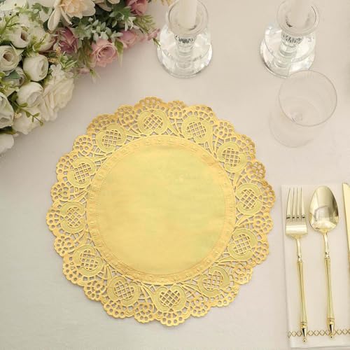 Tableclothsfactory 50 Pack Round Gold Paper Doilies, Food Grade Lace Paper Placemats - 12