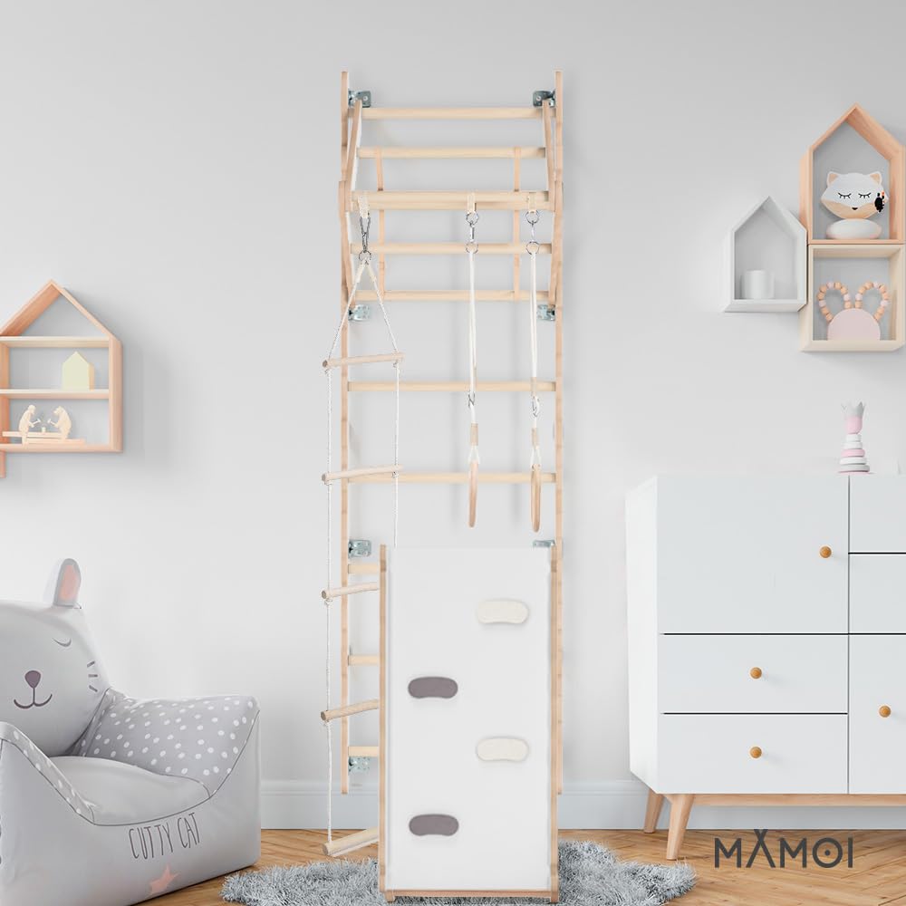 MAMOI® Espalderas Gimnasio para casa (L/XL/XXL) y aditivos | Espaldera Gimnasio de Madera Yarnwood | Espalderas Gimnasio de Interior diseño Moderno | Escalera Sueca | Barra Gimnasia | 100% Eco