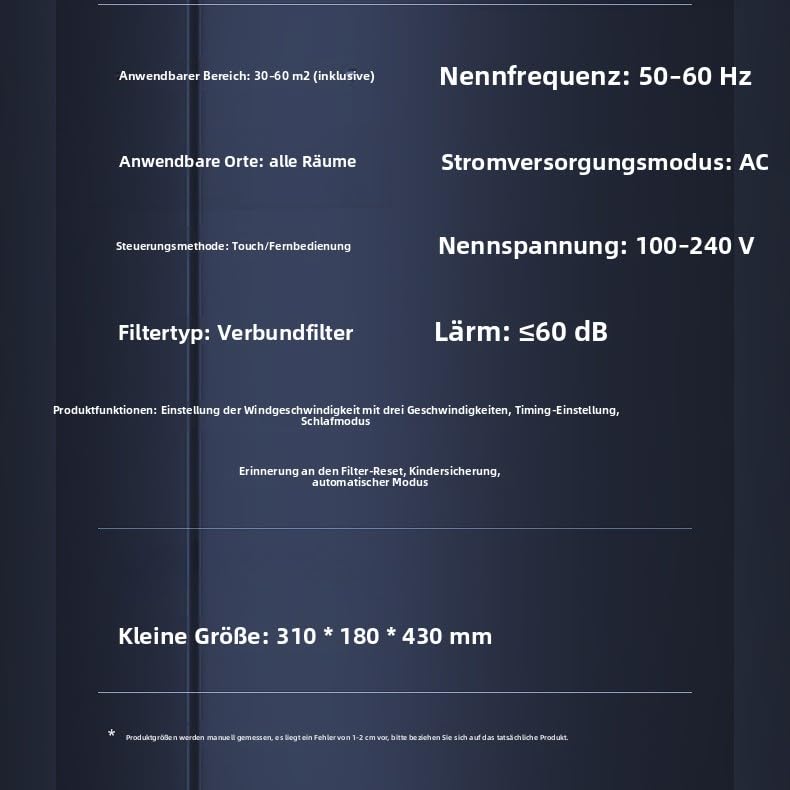 Table of technical specifications for the air purifier, including applicable area, frequency, power, control method, voltage, filter type, noise level, and dimensions.