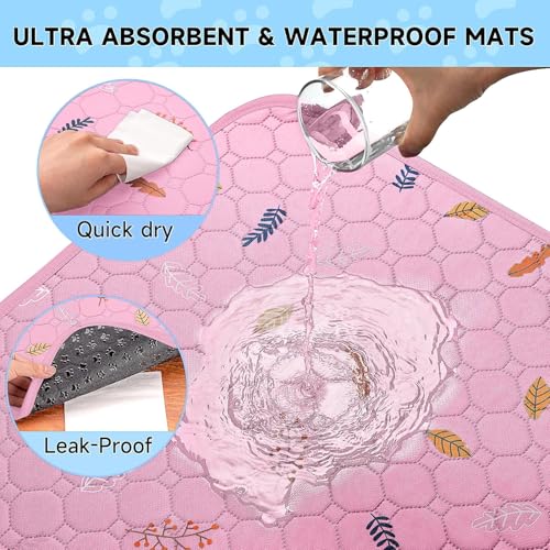 Image of Sunheir Washable Pee Pads for Dogs Large 24 inch x 72 inch 2-Pack Reusable Puppy Pads Pet Training Pads, Absorb Dog Mats, Whelping Pad, Non-Slip Protects Against Urine Leakage, Runner Rug (Leaves - Pink)