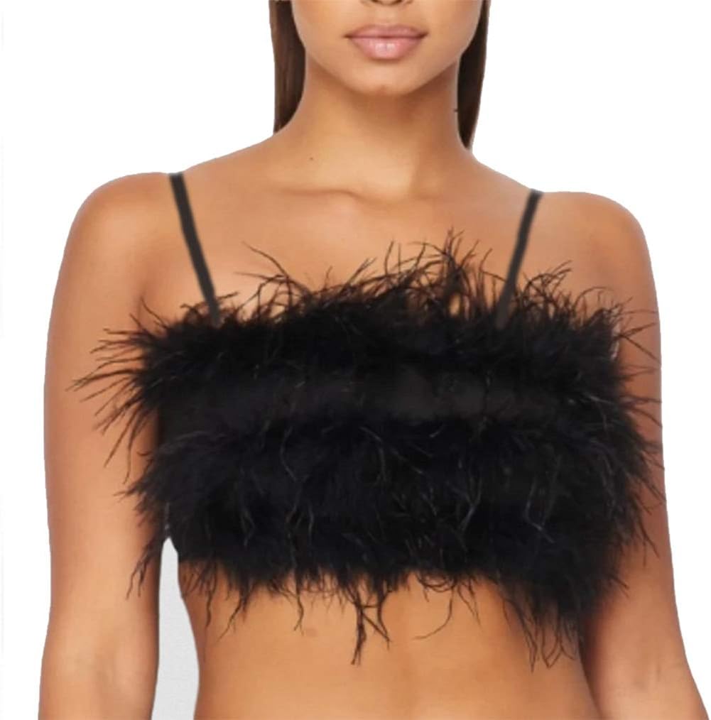 Women Rave Festival Feather Crop Tops Faux Fur Spaghetti Straps Tube Top for Concert Club Party