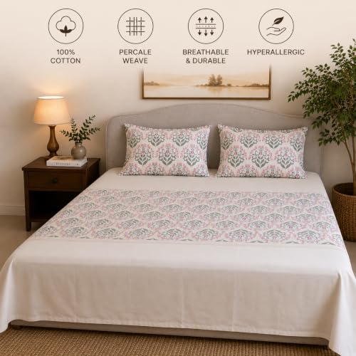 Image of Linen Home Cotton Percale Flat Bedsheet Set Queen Size Sequence Pink