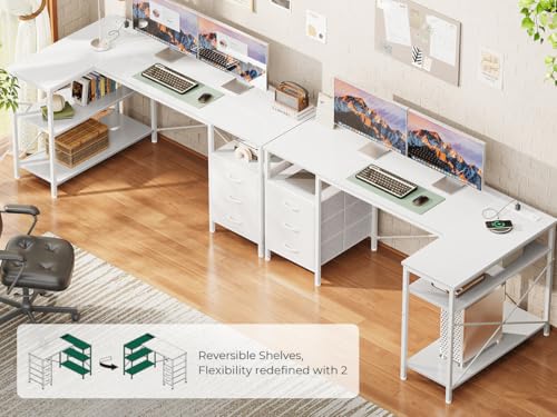 Image of Huuger L Shaped Office Desk with Power Outlets & 3 Drawers | 55 Inch Computer Desk with Shelves, Reverisble for Gaming Corner Work Home Office Study, White