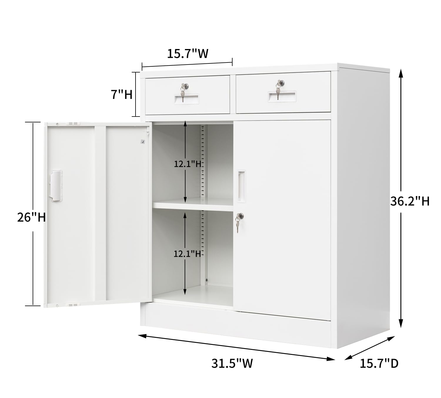 CJF Metal Storage Cabinet, Locking Storage Cabinet with Doors and 2 Drawers, Metal Cabinets for Office/Home/Garage 36.2