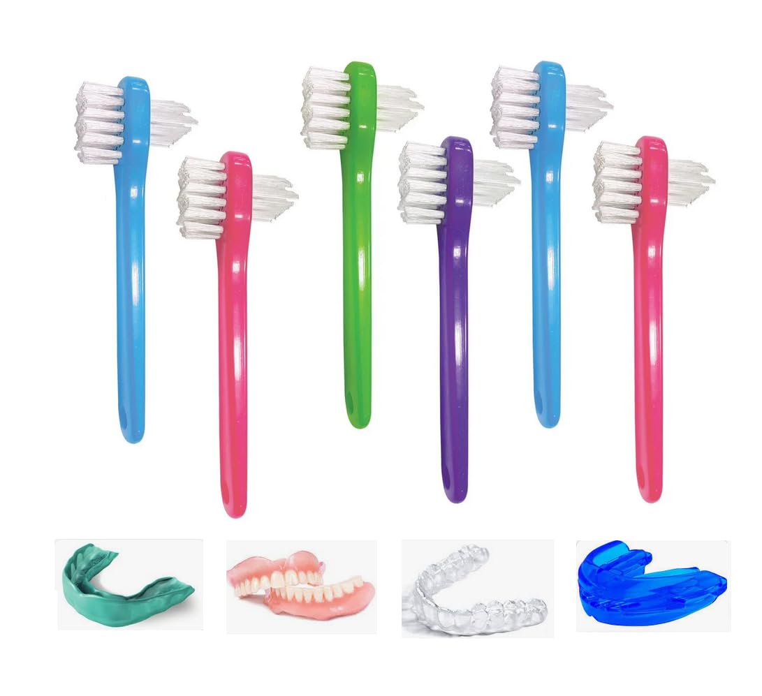 AmeriCan Goods 6/Pk Premium Curve Denture Bath Box with 6/Pk Mini Denture Brushes Clean & Care Denture Bath Case Cup with Brushes