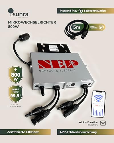 ESUNRA Create your Energy - Balkonkraftwerk 600 / 800W - Plug & Play - 2 bifaziale 430W Solarpaneele - ALL BLACK - TOPCon - Mikrowechselrichter NEP - 5m Kabel - Überwachungs-App