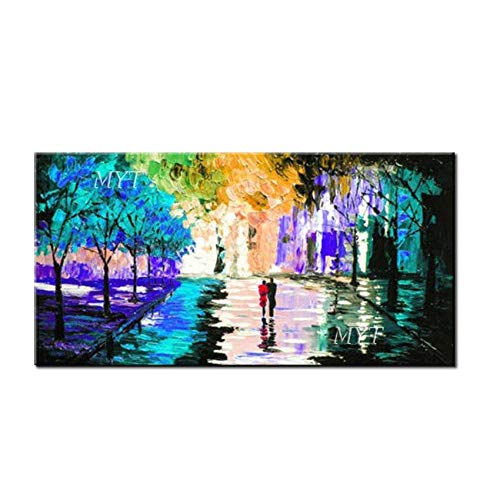 Timor Décoratif Paintingsblue Saison des pluies Scène de Rue, Peinture Abstraite Peinte à la Main au Couteau, Peinture à l'huile sur Toile, Art Mural Peinture Salon, 60Cmx100Cm