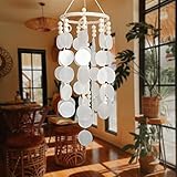 Capiz Shell Wind Chime, Shell Wind Chimes for Outside, Sea Glass Seashell Windchimes Outdoors, Unique Outdoor Boho Decor for Patio Garden Balcony Porch, 7