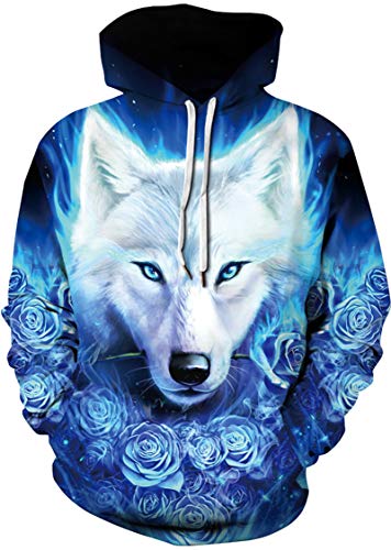 EUDOLAH Sudadera casual de primavera para mujer con capucha y motivo 3D y bolsillo canguro(1 lobo con rosa-6,L-XL) Cover