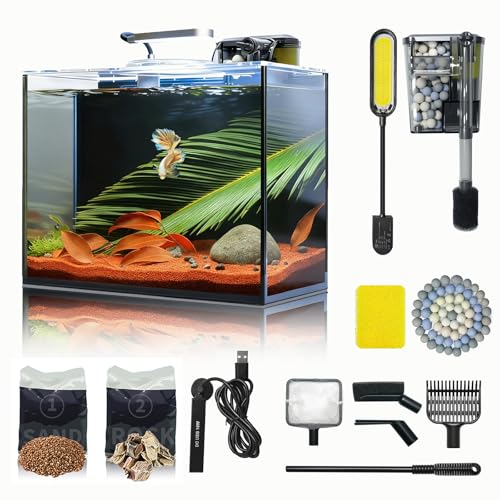 3 Gallon Small Aquarium Set Glass Fish Tank, Starter Kit with Heater Self Cleaning System Filter Bright Light Rocks Gravel Cleaning Tool, Leak-Proof Clear Rimless Desktop Spaces Saving Betta
