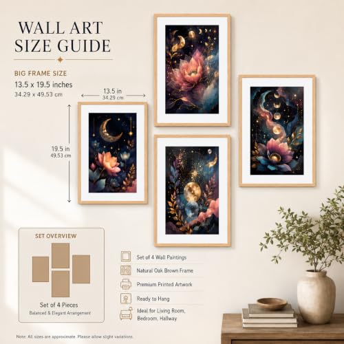 Image of Livin'luxe Set of 4 Celestial Moon Lotus Floral Wall Paintings with Sparkle Laminate and Premium Wooden Synthetic Frame for Living Room Bedroom Office Decor (13.5 x 19.5 Inch)