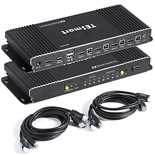 TESmart HDMI KVM Switcher Support UHD 4K 60Hz USB 2.0 Devices with 2 Pcs 5ft KVM Cables (4 in 1 Out -4K@60Hz-Ver 2.0)