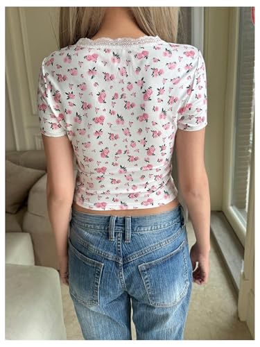 SweatyRocks Girl's Floral Print T Shirt Lace Square Neck Short Sleeve Vintage Vacation Tops2