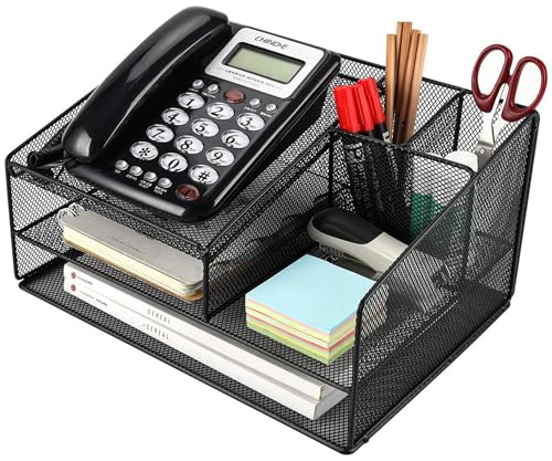 Pouhucy Phone Stand for Desk with 2 Pen Holder, Metal Mesh Desk Organizer with Telephone Holder, 3 Tier Office Storage Desktop Organizer for Workspace, Home, School, Black