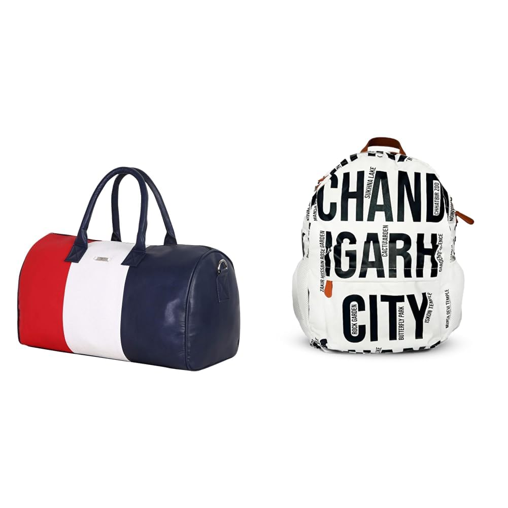 Premium Leatherette Duffel Bag for Travel for Men and Women (Red, White and Blue) + Air Backpack White Chandigarh City Print 20L Lightweight Waterproof Anti-Theft Nylon Laptop-image-26